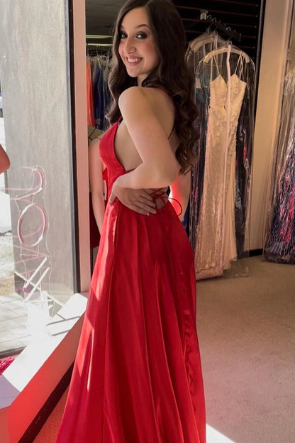 Red Square Neck Halter Lace-Up Back Backless A Line Satin Prom Dress