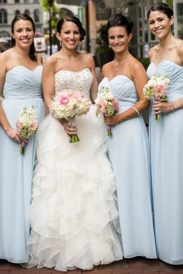 A-Line Off-the-Shoulder Light Blue Strapless Pleated Bridesmaid Dress