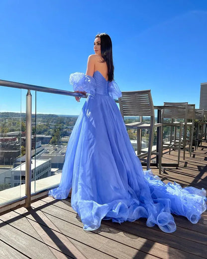 Charming Sweetheart Blue Off-the-Shoulder Organza Prom Dresses with Slit