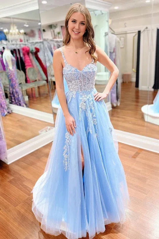 Cute A-Line Sweetheart Light Blue Spaghetti Strap Tulle Long Prom Dresses with Appliques