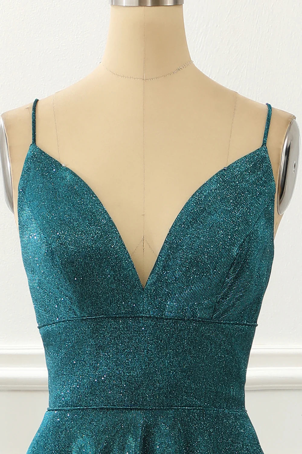 Blue V-Neck Spaghetti Straps Floor-Length Long Sparkly Prom Dress ﻿