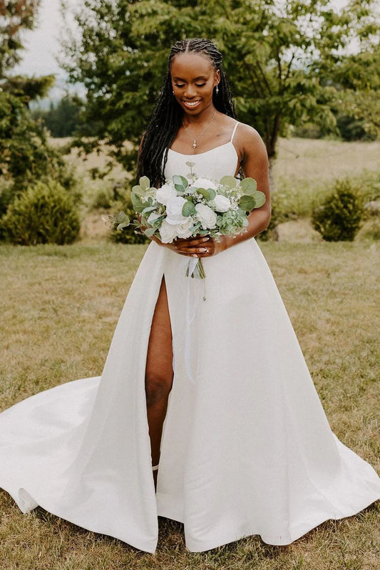 Fashion A Line Scoop Neck Spaghetti Strap Satin Wedding Dresses with Slit