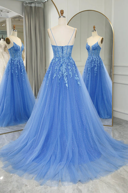 Blue V-Neck A-Line Spaghetti Straps Tulle Long Prom Dress With Appliques