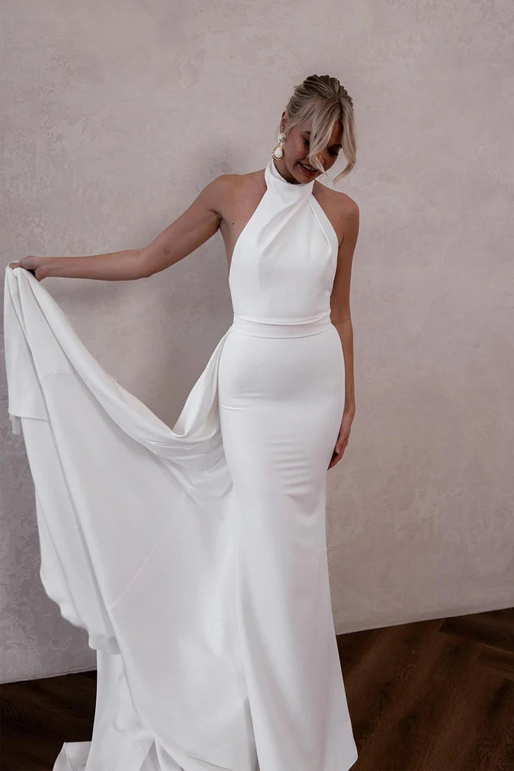 Elegant Mermaid Hatler Satin Wrap The Buttocks Wedding Dresses With Attached Train