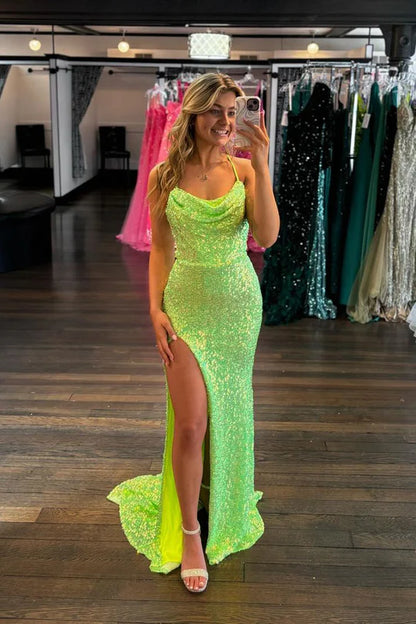 Sparkly Mermaid Cowl Neck Green Sequins Long Prom Dresses with Slit