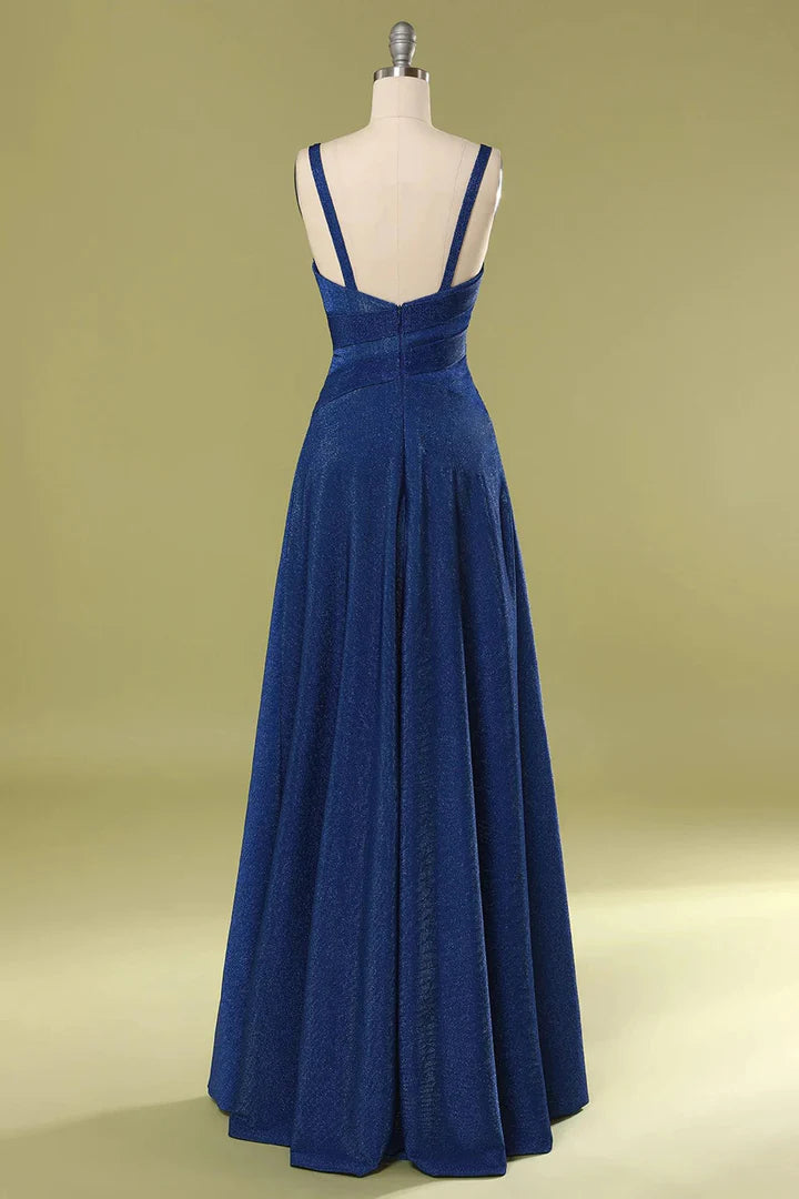 Navy Blue Fine Flash V-Neck Straps Gathered Long Bridesmaid Dress ﻿