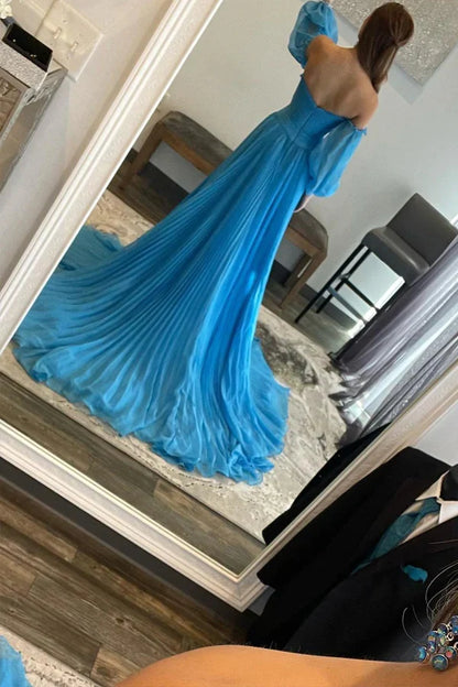 A Line Sweetheart Blue Long Chiffon Prom Dress With Split