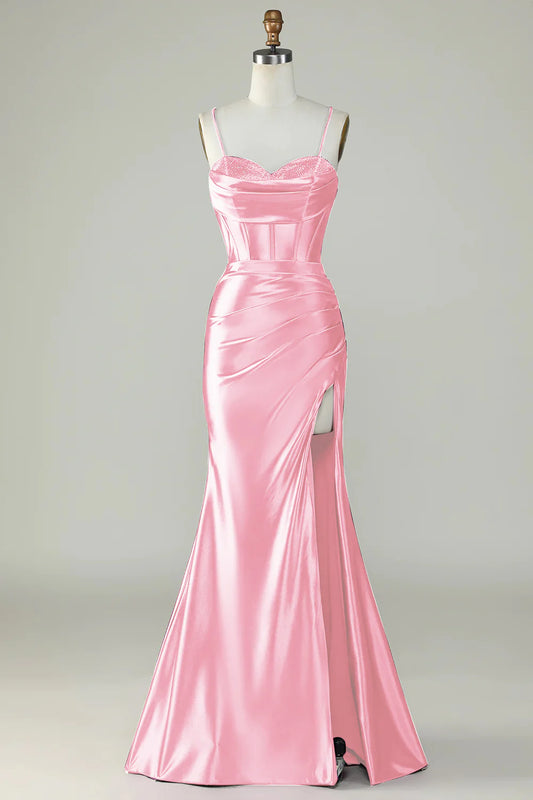 Candy Pink Spaghetti Straps Mermaid Satin Sequins Long Prom Dress With Slit