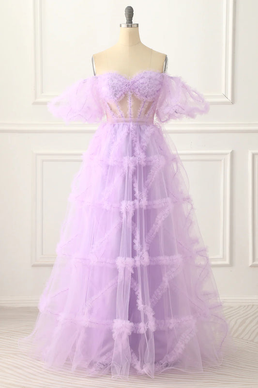 Off the Shoulder A-line Tulle Lavender Pleats Prom Dress
