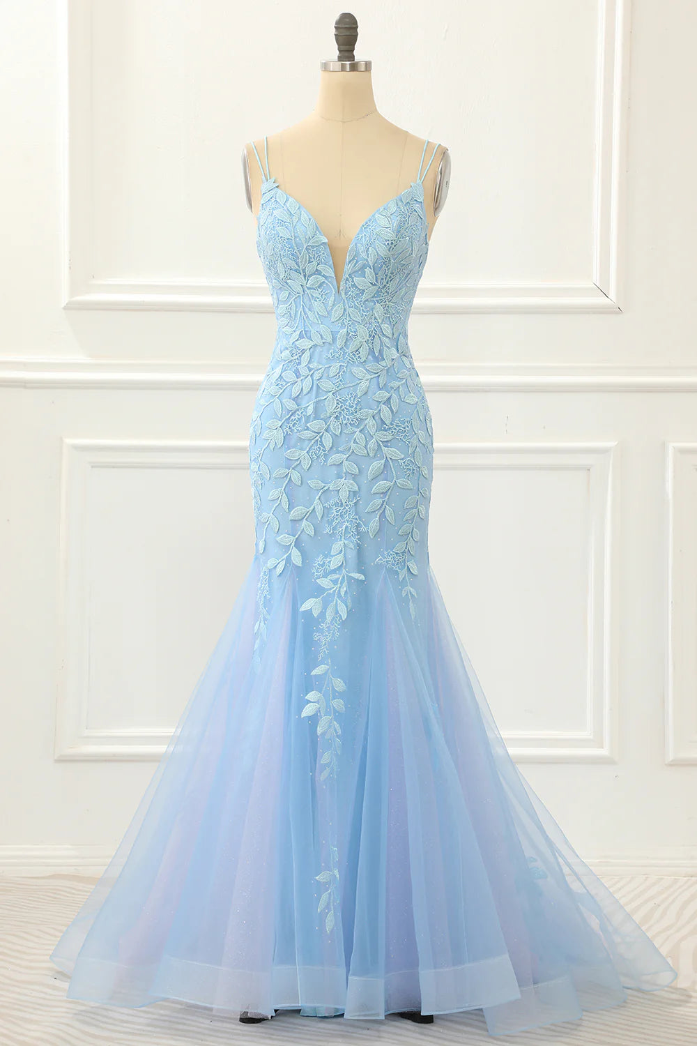 Blue V-Neck Tulle Lace-up Back Mermaid Wrap The Buttocks Prom Dress with Appliques