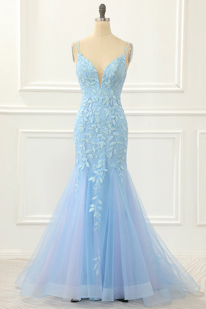 Blue V-Neck Tulle Lace-up Back Mermaid Wrap The Buttocks Prom Dress with Appliques