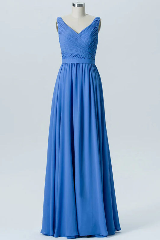 Cobalt Blue V-Neck Chiffon Sleeveless Pleats Classic fit Bridesmaid Dress