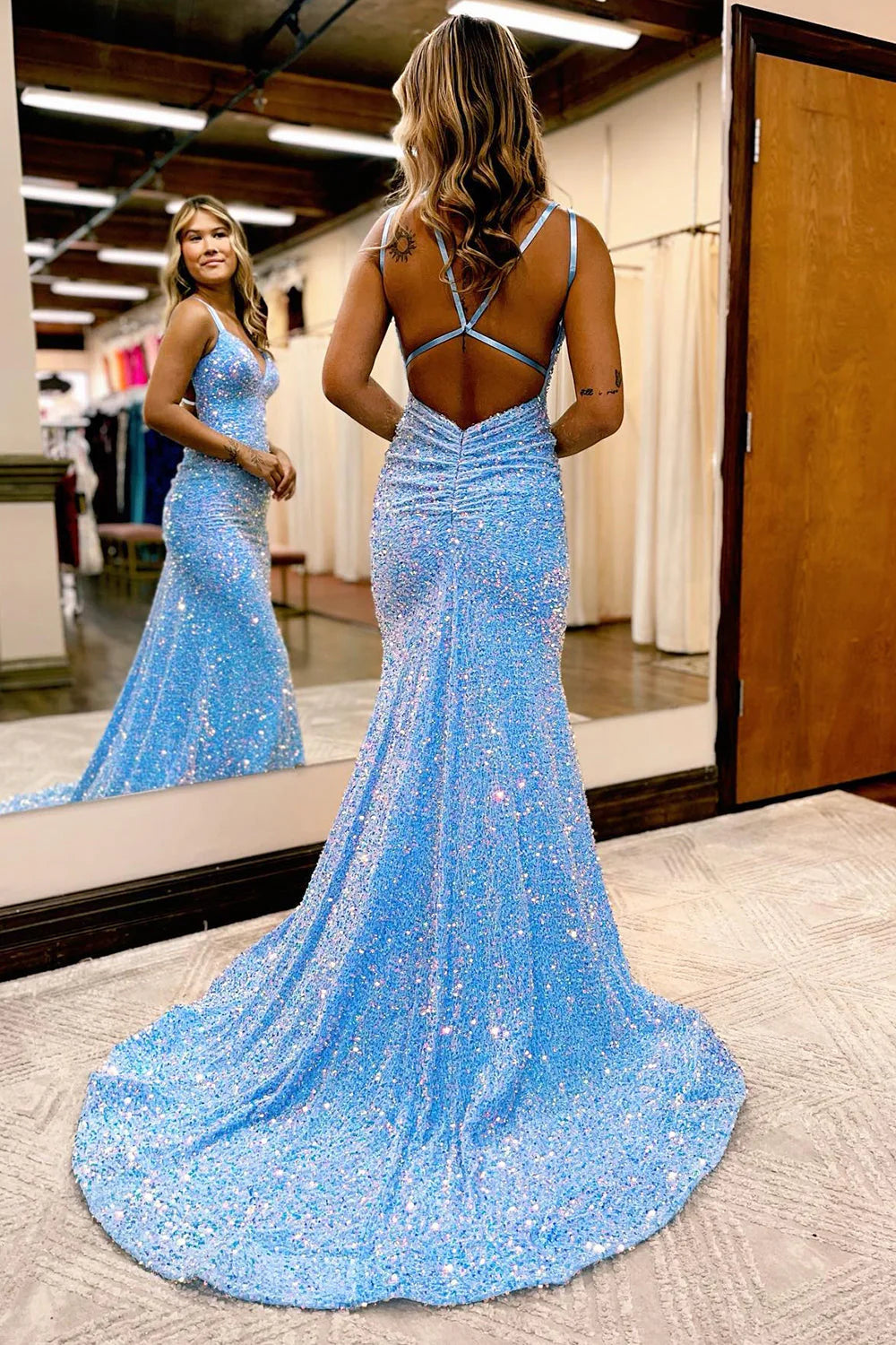 Sparkly Blue V-Neck Mermaid Sequins Lace-Up Back Long Backless Prom Dress