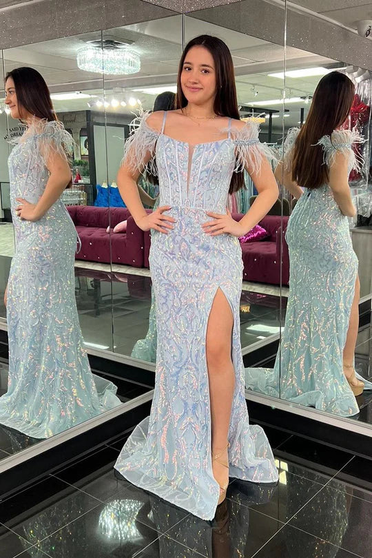 Mermaid Cold Shoulder Blue Sequins Lace-Up Back Long Prom Dress with Slit