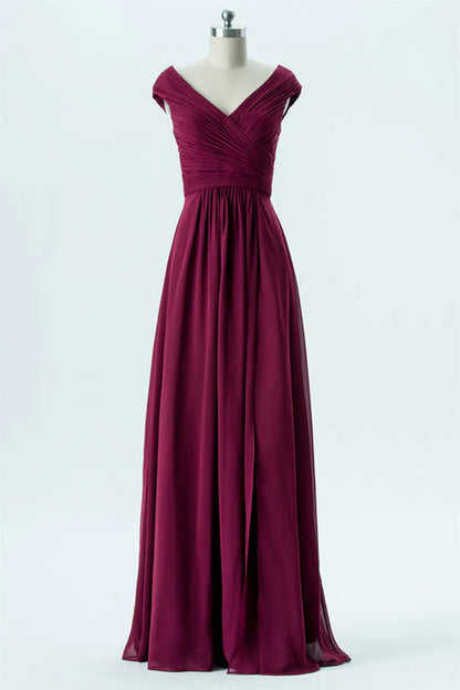 Magenta V-Neck Chiffon Cap Sleeve Backless Pleats Bridesmaid Dress