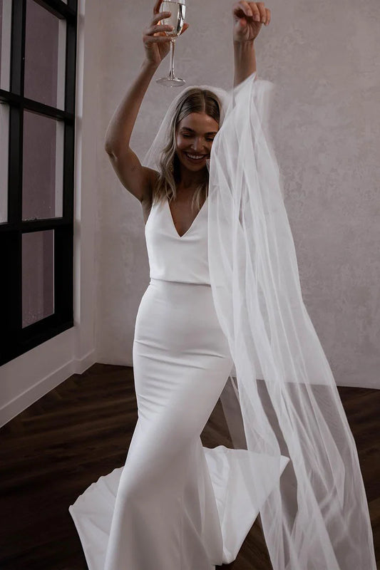 Elegant Mermaid V Neck Satin Slim-fit Backless Wedding Dresses with Train