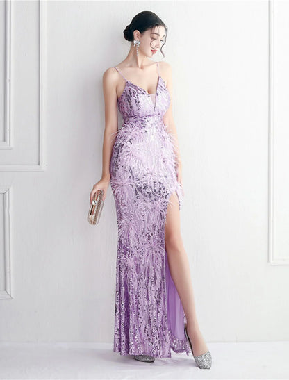 Mermaid / Trumpet Evening Gown Sparkle & Shine Dress Formal Floor Length Sleeveless Spaghetti Strap Sequined with Beading Sequin Slit