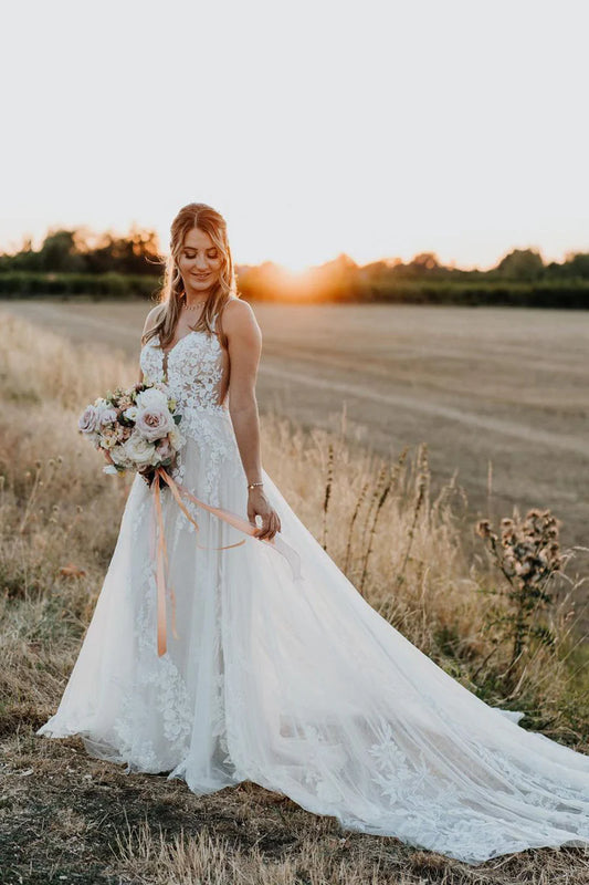 Bohemain A Line V Neck Spaghetti Strap Tulle Backless Long Wedding Dresses with Appliques