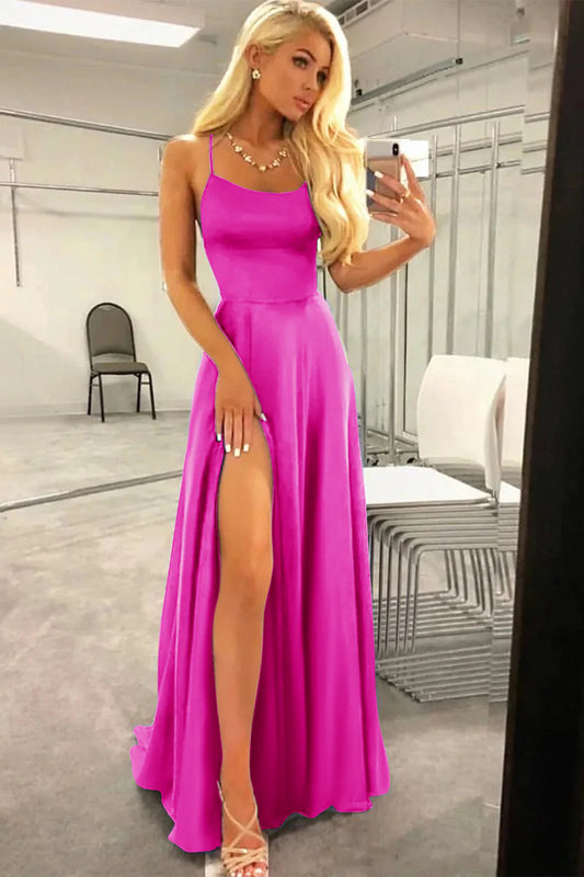 Fuchsia Square Neck Halter Lace-Up Back Backless A Line Satin Prom Dress