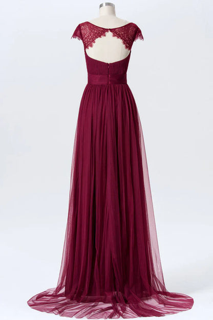 Burgundy Square neck Chiffon Hat Sleeves Cutout Back Bridesmaid Dress