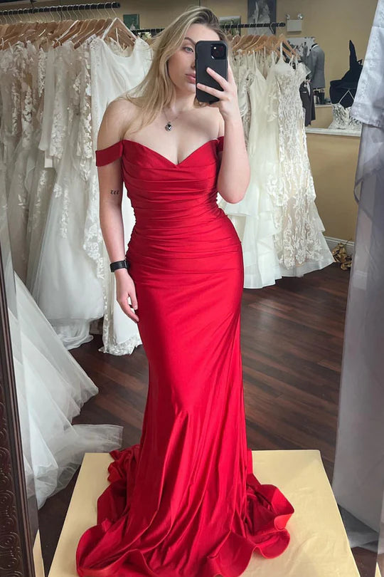 Charming Mermaid Off the Shoulder V-Neck Red Satin Prom Dresses