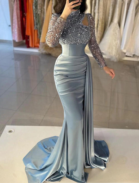 Sleek Glitter Sparking Evening Gown Mermaid Trumpet Sheath Brush Train Dress High Neck Long Sleeve Prom Dress Satin with Pearls Sequin