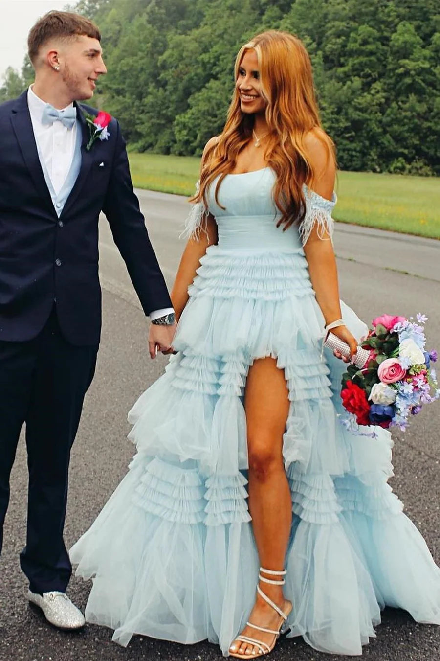 Feather Cold-Shoulder Tiered Long Prom Dress with Ruffles