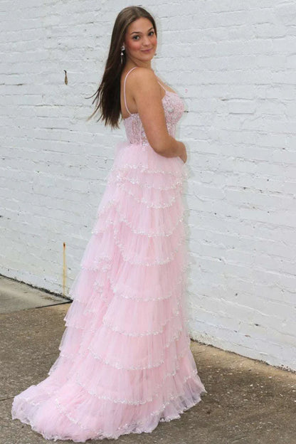 A-line Straps Plunging Neck Sequin Lace Prom Dresses