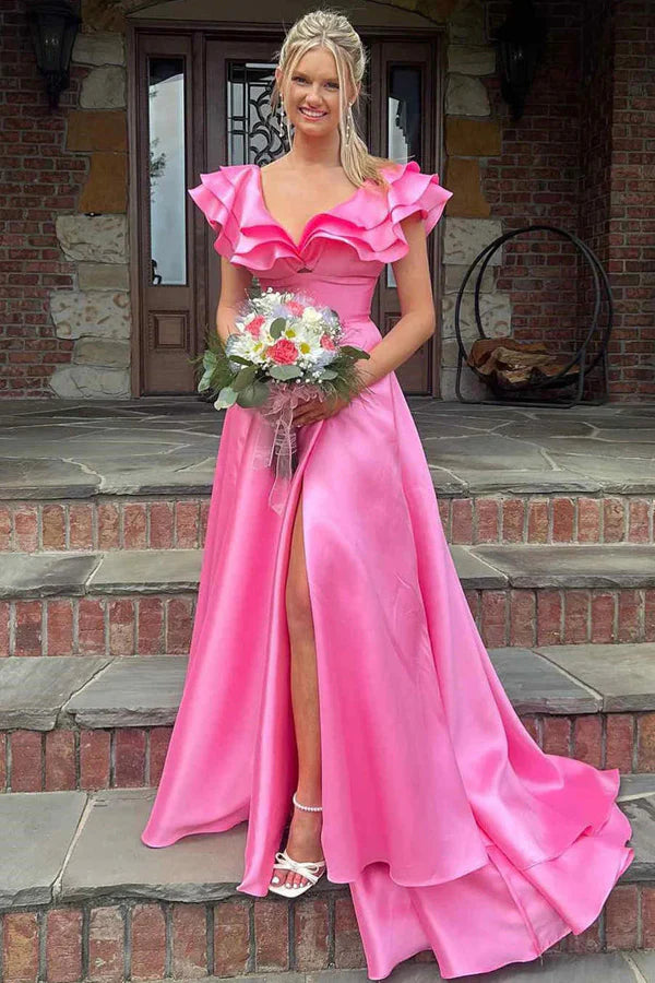 Silky Satin V Neck Ruffles Hot Pink Prom Dresses