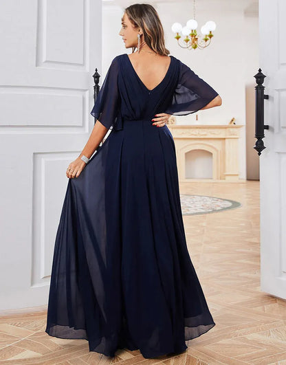 Navy A-line Chiffon V-neck Applique Short Sleeve Mother of Bride Dress