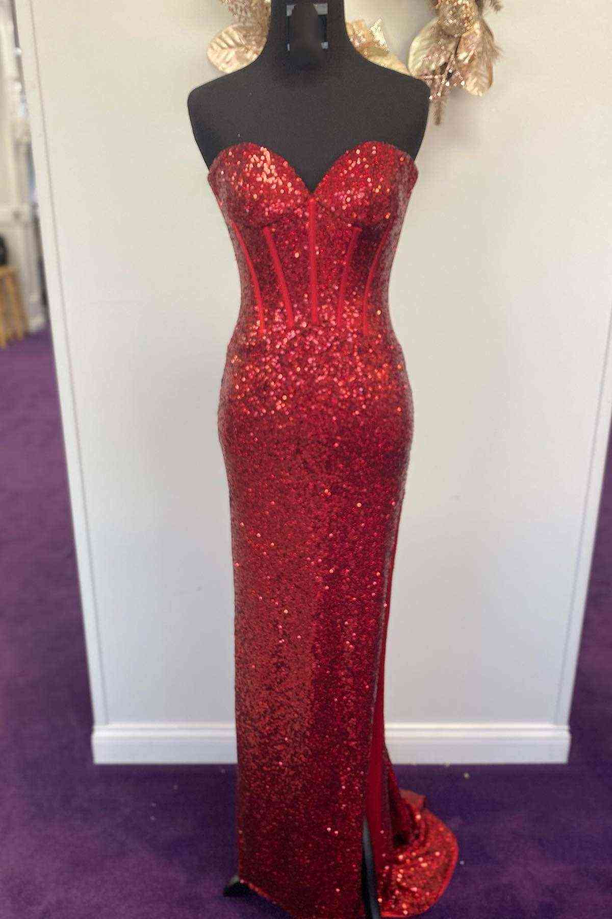 Sweep/Brush Train Dresses Red Shine Sequins Strapless Long Prom Dress With Slit