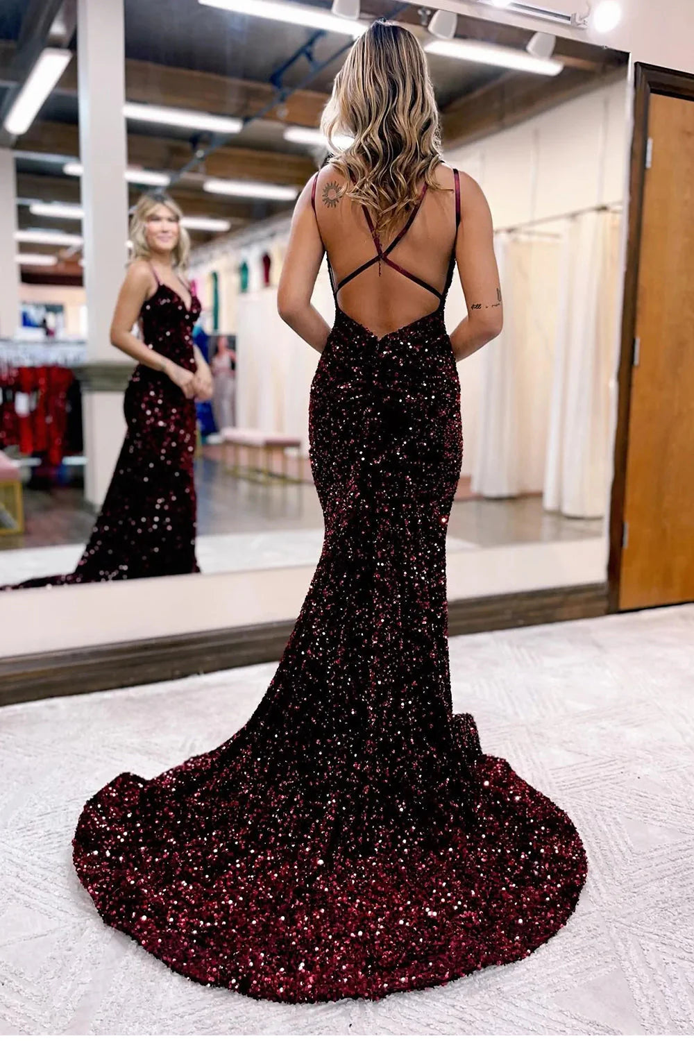 Sparkly Blue V-Neck Mermaid Sequins Lace-Up Back Long Backless Prom Dress