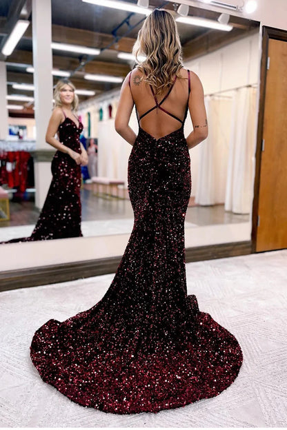 Sparkly Blue V-Neck Mermaid Sequins Lace-Up Back Long Backless Prom Dress