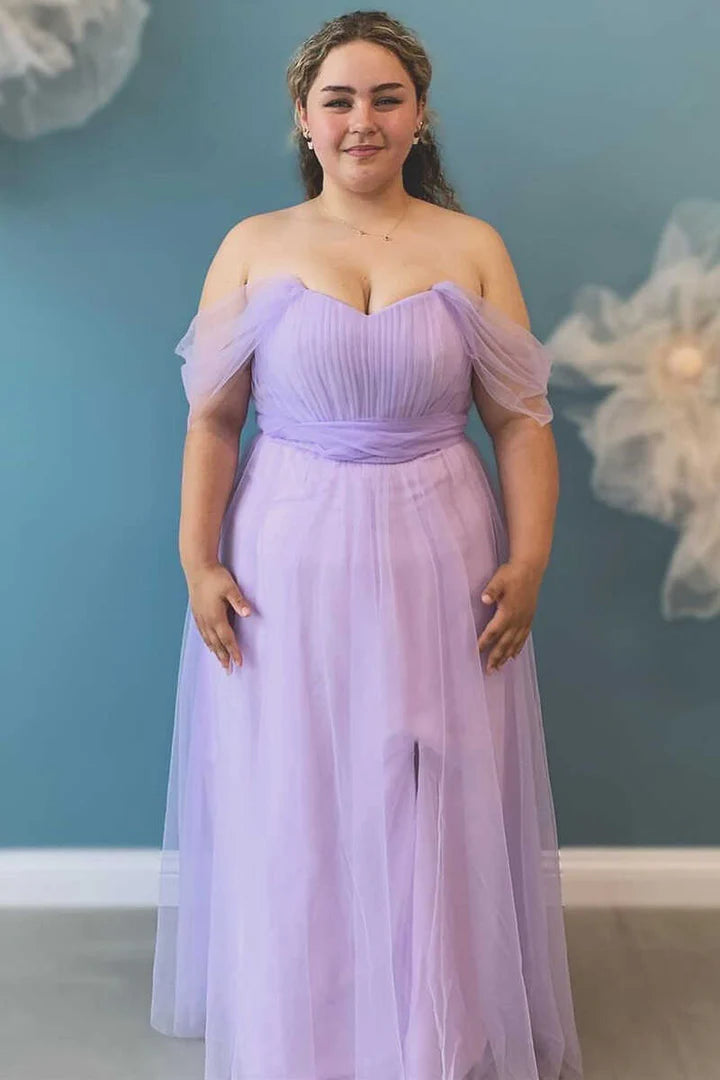 Lavender Chiffon Off-the-Shoulder Tulle A-Line Bridesmaid Dress