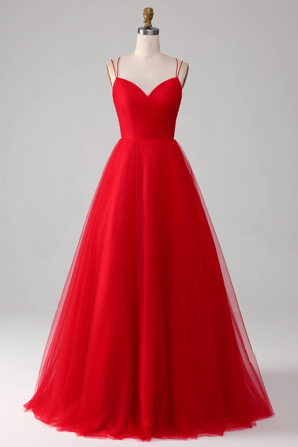 Red Spaghetti Strap Ball-Gown/Princess V-Neck Tulle Pleated Long Prom Dress