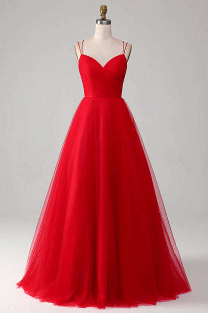 Red Spaghetti Strap Ball-Gown/Princess V-Neck Tulle Pleated Long Prom Dress