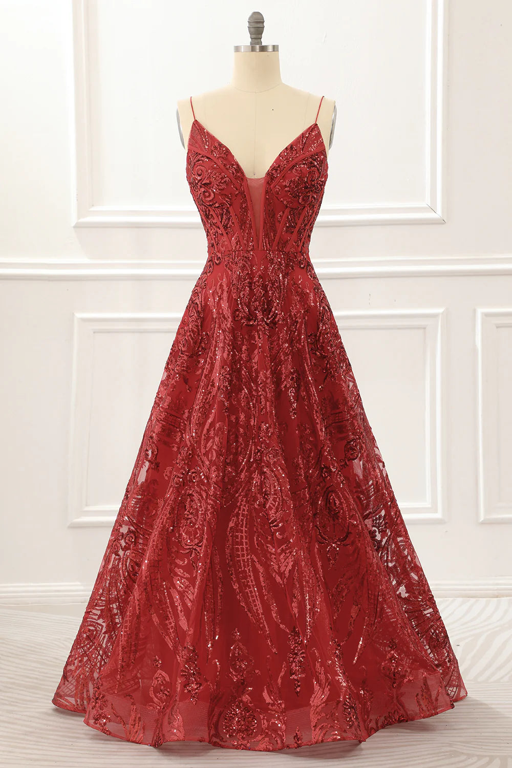 Red Plunge V Spaghetti Straps Sparkly Corset Lace-Up Back Prom Dress