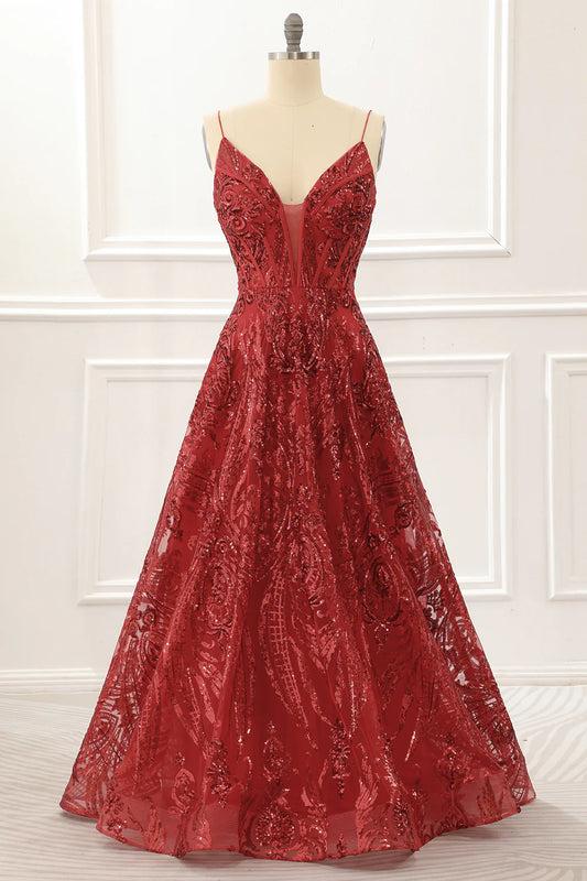Red Plunge V Spaghetti Straps Sparkly Corset Lace-Up Back Prom Dress