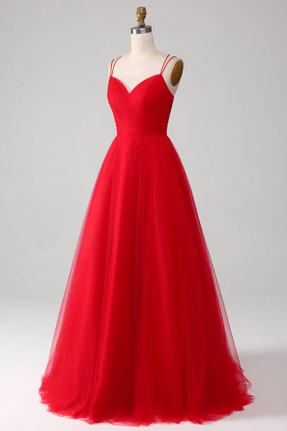 Red Spaghetti Strap Ball-Gown/Princess V-Neck Tulle Pleated Long Prom Dress