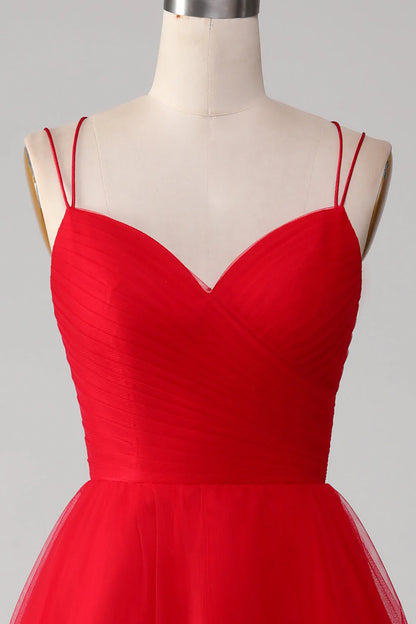 Red Spaghetti Strap Ball-Gown/Princess V-Neck Tulle Pleated Long Prom Dress