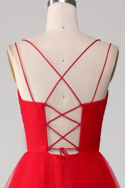 Red Spaghetti Strap Ball-Gown/Princess V-Neck Tulle Pleated Long Prom Dress