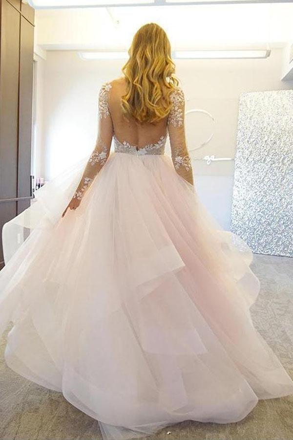 Elegant A-Line Long Sleeves Tulle Wedding Dresses With Appliques