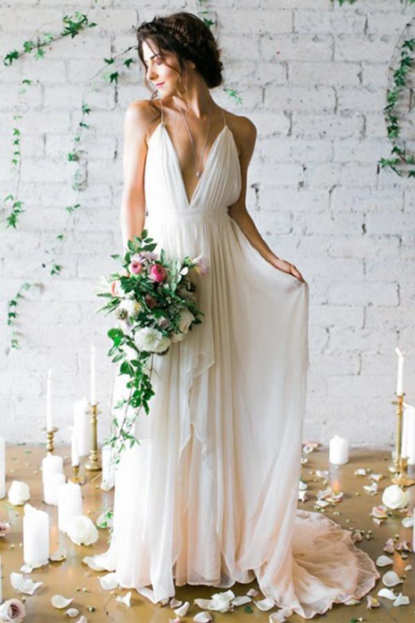 Simple Deep V-neck Sweep Train Ivory Wedding Dresses With Straps