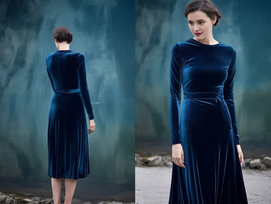 Autumn winter fashion long sleeves crew neck lace up velvet dress below knee length simple bridesmaid dress