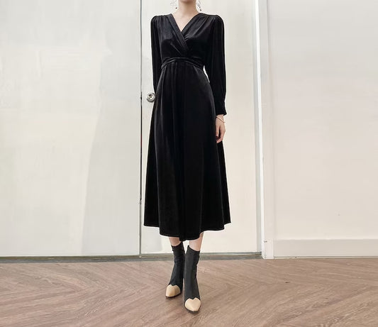 Evening dress Long Sleeves Velvet Dress Autumn Winter V Neck Long Wrap Bridesmaid Dress