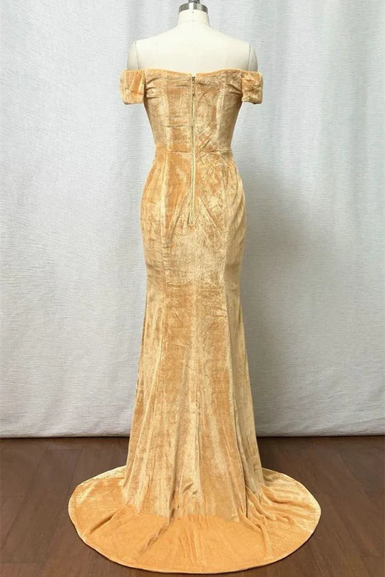 Gold Velvet Off-the-Shoulder Mermaid Formal Bridesmaid Dress