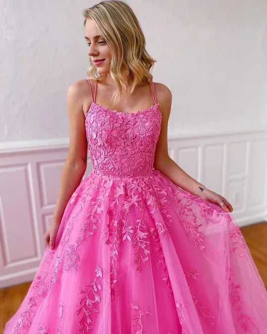 Sweet Ball Gown Scoop Neck Spaghetti Strap Hot Pink Tulle Prom Dresses with Appliques