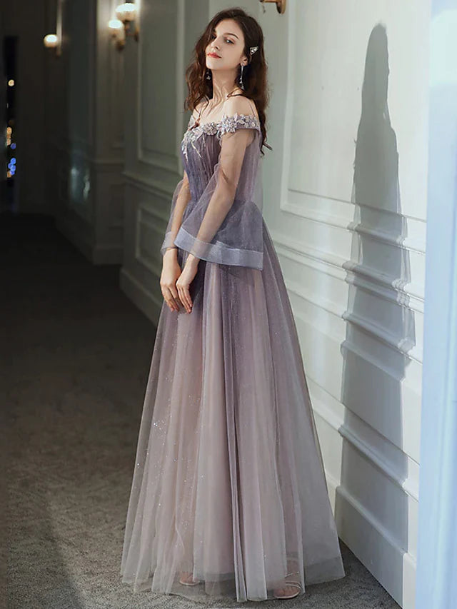 A-Line Minimalist Elegant Party Wear Prom Dress Off Shoulder Long Sleeve Floor Length Tulle with Appliques