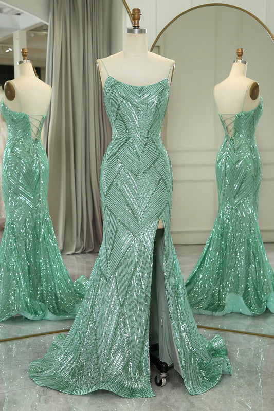 Sparkly Green Round Neck Mermaid Spaghetti Straps Long Prom Dress With Slit