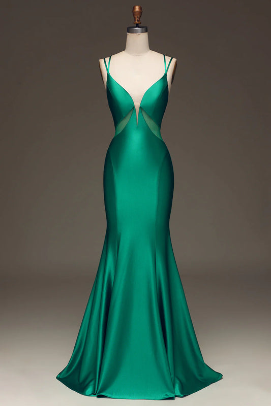 Green Deep V-neck Spaghetti Strap Satin Mermaid Prom Dress with Lace-up Back